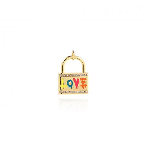 Enamel Brass Pendants, Lock, 18K gold plated, fashion jewelry & DIY & micro pave cubic zirconia, mixed colors 
