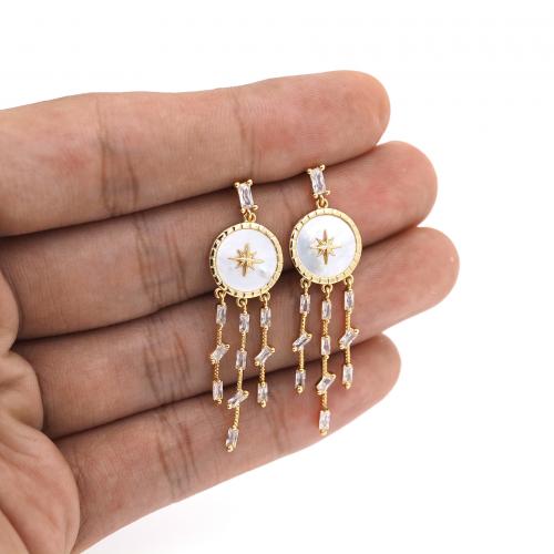Cubic Zircon Brass Earring, with Shell, 18K gold plated, fashion jewelry & micro pave cubic zirconia & for woman, white 