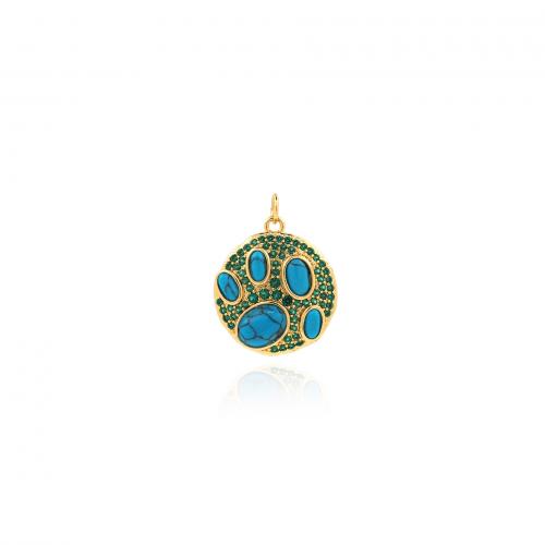 Cubic Zirconia Micro Pave Brass Pendant, with Synthetic Turquoise, Flat Round, 18K gold plated, fashion jewelry & DIY & micro pave cubic zirconia, mixed colors 