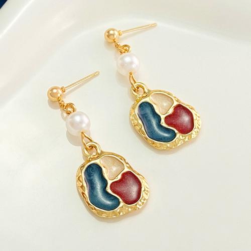 Plastic Pearl Zinc Alloy Earring, with Plastic Pearl & for woman & enamel & with rhinestone 