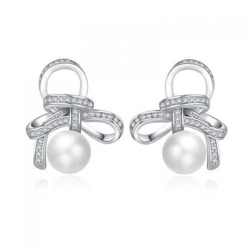 Befestiger Zirkonia Messing Ohrring, mit Kunststoff Perlen, plattiert, Micro pave Zirkonia & für Frau, Silberfarbe, verkauft von Paar