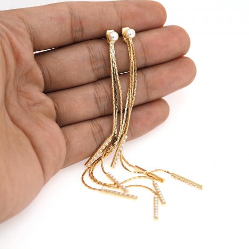 Fashion Fringe Earrings, Brass, with Plastic Pearl, Tassel, 18K gold plated, fashion jewelry & for woman, 130mm 