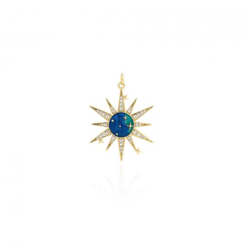 Cubic Zirconia Micro Pave Brass Pendant, Sun, 18K gold plated, fashion jewelry & DIY & micro pave cubic zirconia & enamel, blue 