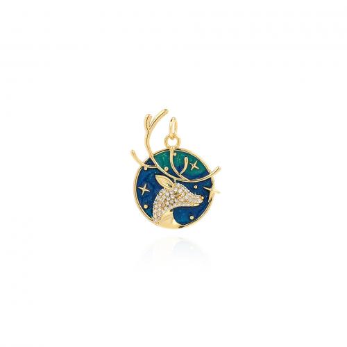 Enamel Brass Pendants, Flat Round, 18K gold plated, fashion jewelry & DIY & micro pave cubic zirconia, blue 