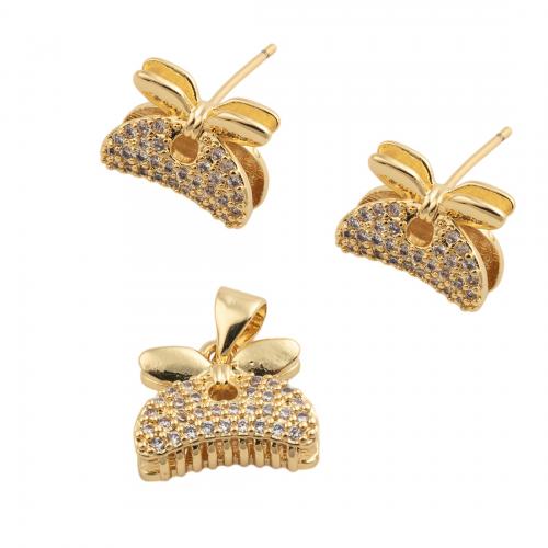 Cubic Zirconia Micro Pave Brass Jewelry Sets & micro pave cubic zirconia & for woman, golden, pendant 13.5*13mm,  stud earring 10*13mm 