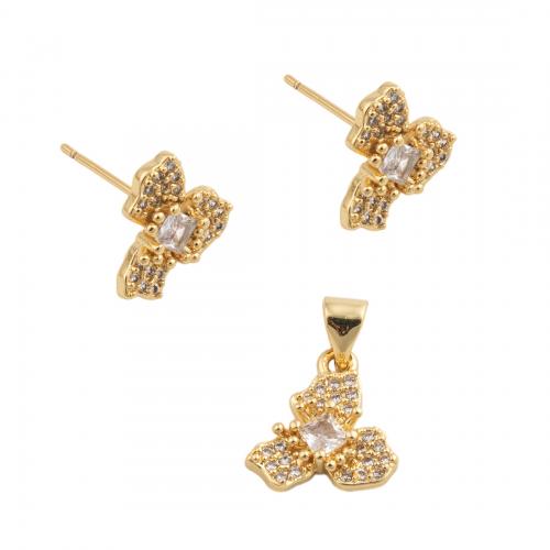Cubic Zirconia Micro Pave Brass Jewelry Sets, fashion jewelry & micro pave cubic zirconia & for woman, golden, pendant 12.5*12mm,  stud earring 10.5*12mm 