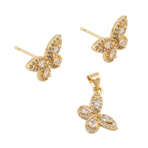 Cubic Zirconia Micro Pave Brass Jewelry Sets, Butterfly, fashion jewelry & micro pave cubic zirconia & for woman, golden, pendant 17*13.5mm,  stud earring 9.5*14.5mm 