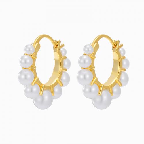 Brass Hoop Earring, with Plastic Pearl, plated, fashion jewelry & for woman 