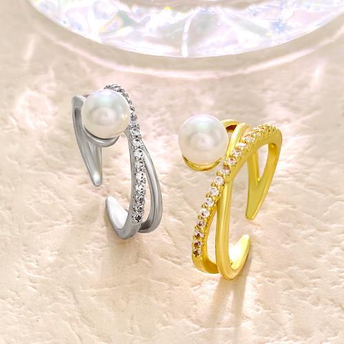 Rhinestone Brass Finger Ring, with Plastic Pearl, plated, fashion jewelry & for woman & with rhinestone Inside .7cm 