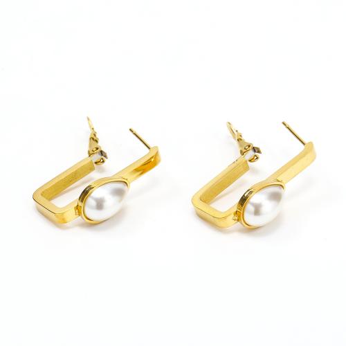 Titanium Steel Earrings, with Plastic Pearl, fashion jewelry & for woman, gold 