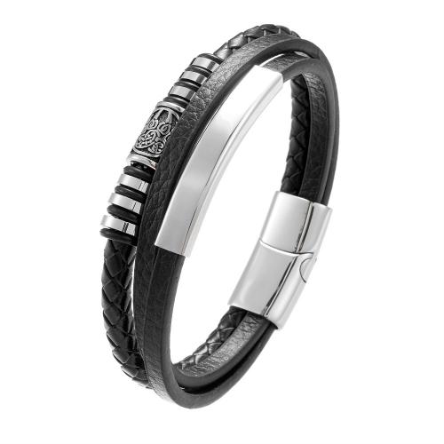 PU Leather Cord Bracelets, 304 Stainless Steel, with Microfiber PU, handmade, Unisex black 