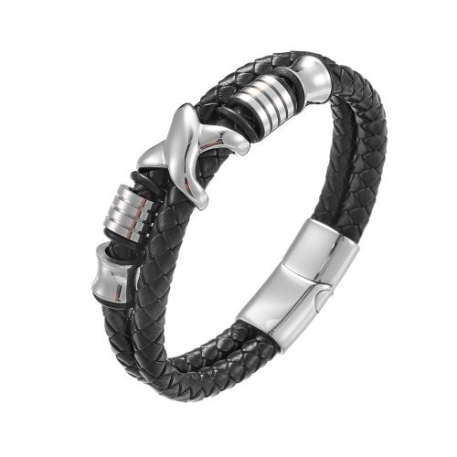 PU Leather Cord Bracelets, 304 Stainless Steel, with Microfiber PU, handmade, Unisex black 