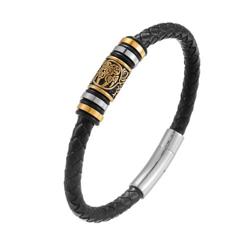 Cowhide Bracelets, 304 Stainless Steel, with Split Layer Cowhide Leather, handmade, Unisex  black [