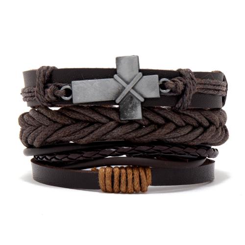 PU Leather Cord Bracelets, Zinc Alloy, with PU Leather, handmade, three pieces & Unisex, coffee color Approx 25 cm 
