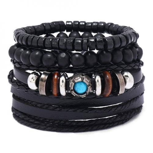 PU Leather Cord Bracelets, Zinc Alloy, with turquoise & PU Leather, handmade, 4 pieces & Unisex, black 