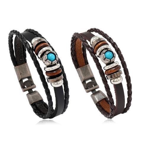 PU Leather Cord Bracelets, Zinc Alloy, with turquoise & PU Leather & Wood, handmade, Unisex Approx 21.5 cm 