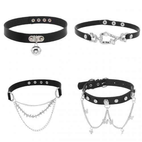Fashion Choker Necklace, Zinc Alloy, with PU Leather & Plastic Pearl, handmade & micro pave cubic zirconia & for woman, black 