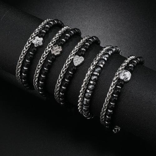 Gemstone Bracelets, 304 Stainless Steel, with Natural Stone, with 5CM extender chain, handmade, Unisex black Approx 19 cm 