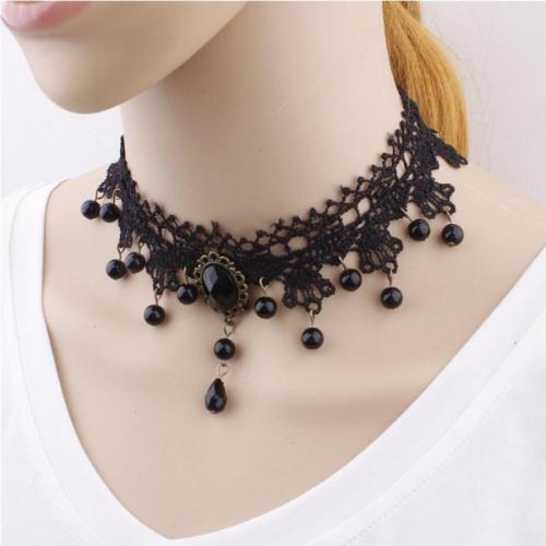 Fashion Choker Necklace, Lace, with Plastic & Zinc Alloy, fashion jewelry & for woman & with rhinestone, black Approx 21-50 cm 