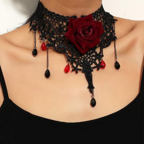 Fashion Choker Necklace, Lace, with Plastic & Zinc Alloy, handmade, fashion jewelry & for woman, black Approx 21-50 cm 
