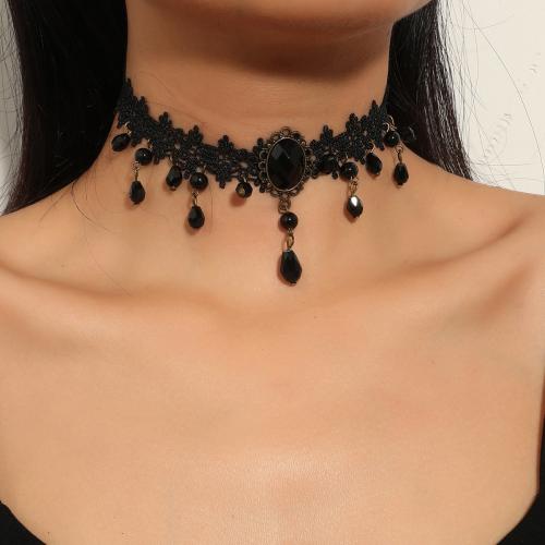 Fashion Choker Necklace, Lace, with Zinc Alloy, with 8cm extender chain, fashion jewelry & for woman & with rhinestone, black Approx 37 m 