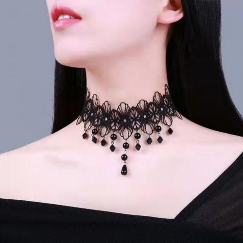 Fashion Choker Necklace, Lace, with Plastic & Zinc Alloy, handmade, fashion jewelry & for woman & with rhinestone Approx 21-50 cm 