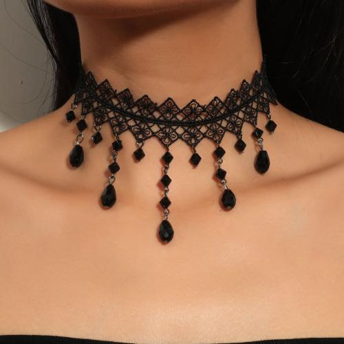 Fashion Choker Necklace, Lace, with Glass & Zinc Alloy, with 7cm extender chain, plated, fashion jewelry & for woman, black Approx 32 cm 