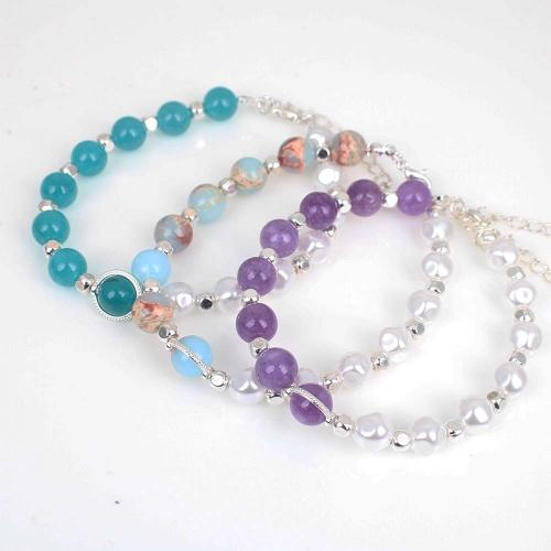 Gemstone Bracelets, with Plastic Pearl & Zinc Alloy, silver color plated, fashion jewelry & Unisex Approx 18-19 cm 