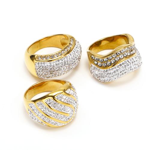 Titanium Steel Finger Ring, Unisex  & with rhinestone, golden 