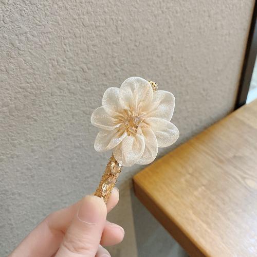 Alligator Hair Clip, Zinc Alloy, with Organza, Flower, gold color plated, fashion jewelry & for woman & with rhinestone, white 