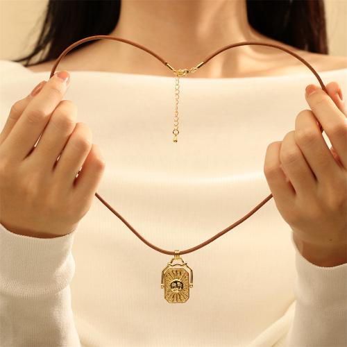 Brass Jewelry Necklace, with leather cord, with 5CM extender chain, Rectangle, gold color plated, fashion jewelry & for woman cm 