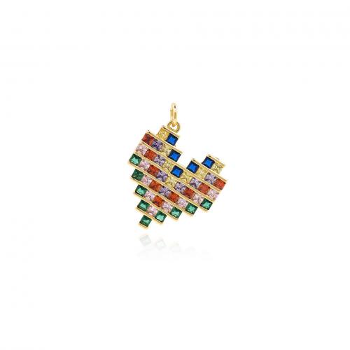 Cubique Pendentif en laiton zircon pavent, coeur, Plaqué or 18K, bijoux de mode & DIY & pavé de micro zircon, couleurs mélangées Vendu par PC