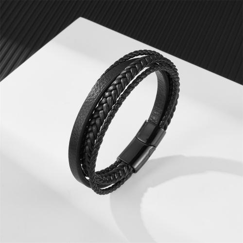 PU Leather Cord Bracelets, 304 Stainless Steel, with Microfiber PU, handmade, fashion jewelry & for man, black 
