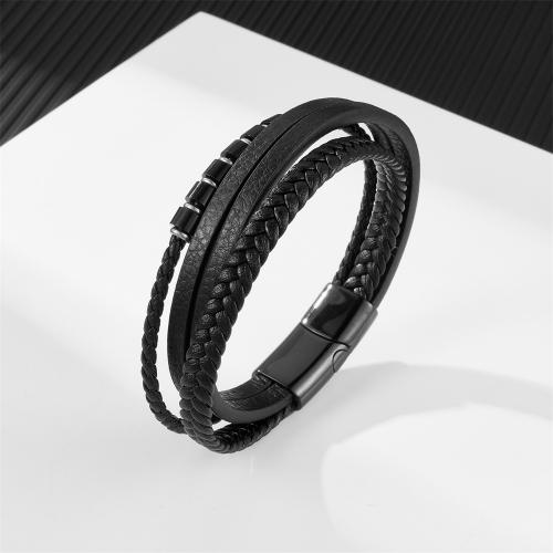 PU Leather Cord Bracelets, 304 Stainless Steel, with Microfiber PU, handmade, fashion jewelry & multilayer & for man, black 