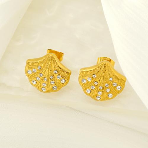 Stainless Steel Rhinestone Stud Earring, 304 Stainless Steel, Shell, 18K gold plated, fashion jewelry & for woman & with rhinestone 