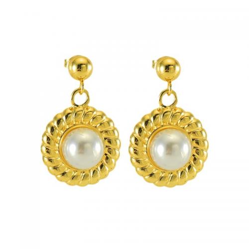 Stainless Steel Drop Earring, 304 Stainless Steel, with Plastic Pearl, Flower, 18K gold plated, fashion jewelry & for woman 