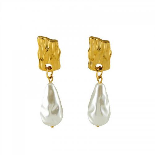 Stainless Steel Drop Earring, 304 Stainless Steel, with Plastic Pearl, Teardrop, 18K gold plated, fashion jewelry & for woman 