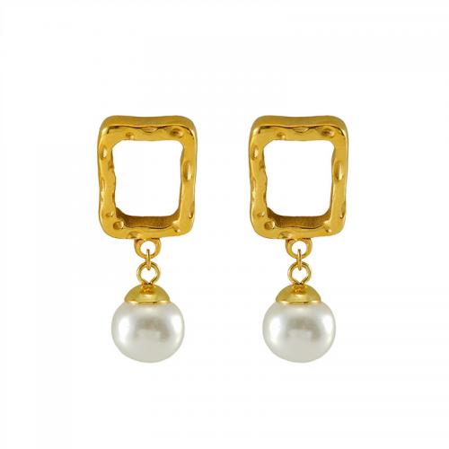 Stainless Steel Drop Earring, 304 Stainless Steel, with Plastic Pearl, Square, 18K gold plated, fashion jewelry & for woman & hollow 