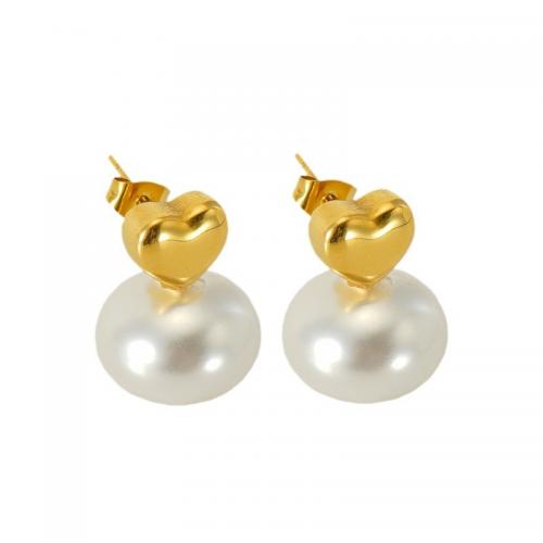Edelstahl Stud Ohrring, 304 Edelstahl, mit Kunststoff Perlen, Herz, 18K vergoldet, Modeschmuck & für Frau, 21x16mm, verkauft von Paar