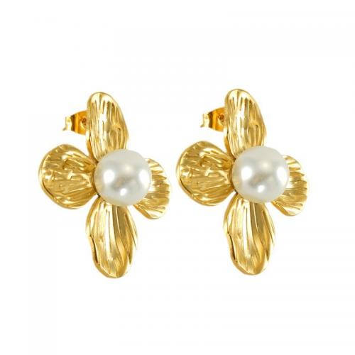 Stainless Steel Stud Earring, 304 Stainless Steel, with Plastic Pearl, Flower, 18K gold plated, fashion jewelry & for woman 