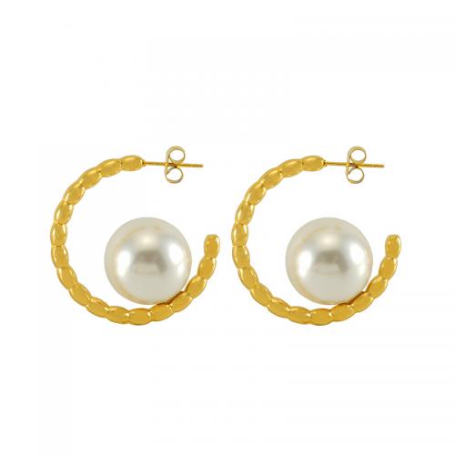 Stainless Steel Stud Earring, 304 Stainless Steel, with Plastic Pearl, 18K gold plated, fashion jewelry & for woman 