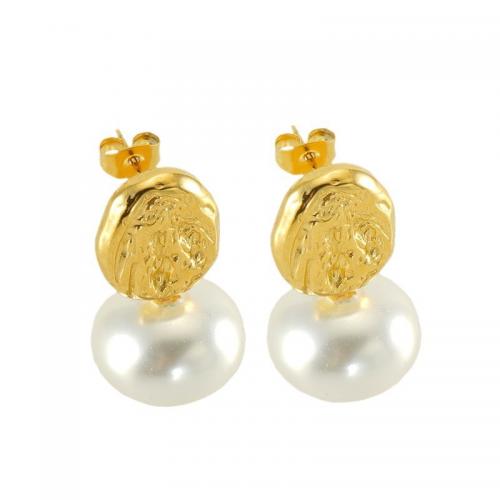 Edelstahl Tropfen Ohrring, 304 Edelstahl, mit Kunststoff Perlen, 18K vergoldet, Modeschmuck & für Frau, 28x16mm, verkauft von Paar