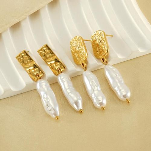 Stainless Steel Drop Earring, 304 Stainless Steel, with Plastic Pearl, 18K gold plated, fashion jewelry & for woman 