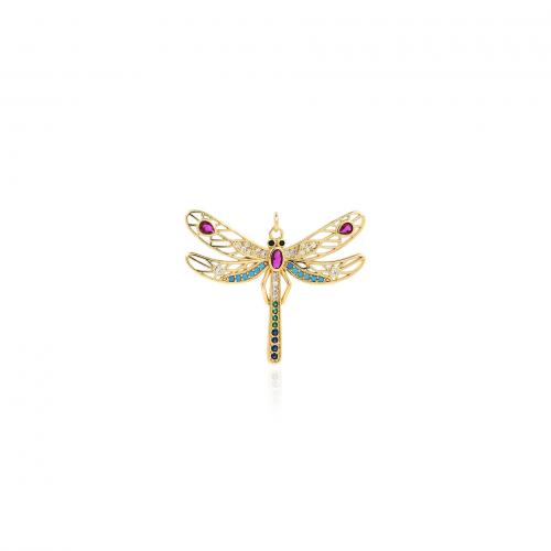 Cubic Zirconia Micro Pave Brass Pendant, Dragonfly, 18K gold plated, fashion jewelry & DIY & micro pave cubic zirconia, mixed colors 