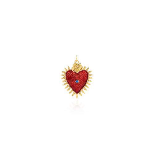 Enamel Brass Pendants, Heart, 18K gold plated, fashion jewelry & DIY & micro pave cubic zirconia, red 