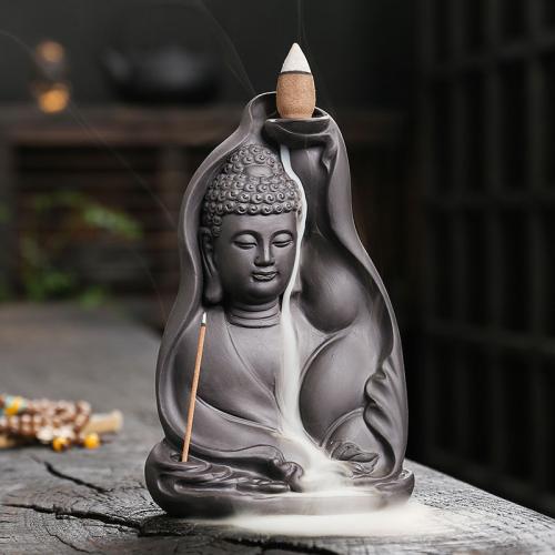 Incense Smoke Flow Backflow Holder Ceramic Incense Burner, Purple Clay, Buddha, half handmade, for home and office & durable & multifunctional 