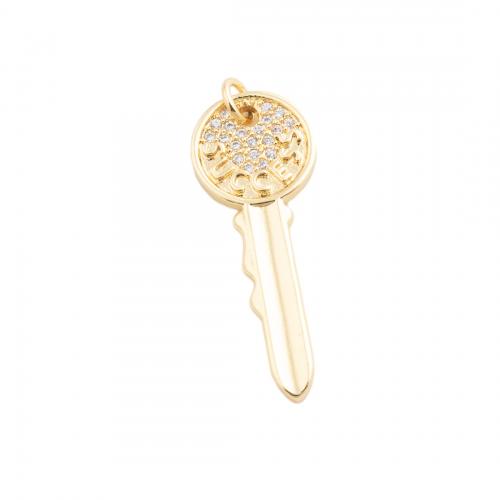 Cubic Zirconia Micro Pave Brass Pendant, Key, fashion jewelry & Unisex & micro pave cubic zirconia, golden 