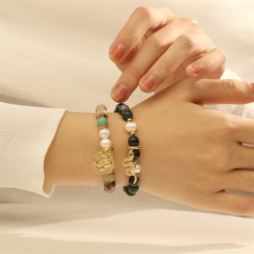 Gemstone Pearl Bracelets, Brass, with Gemstone Chips & Freshwater Pearl, gold color plated & for woman 