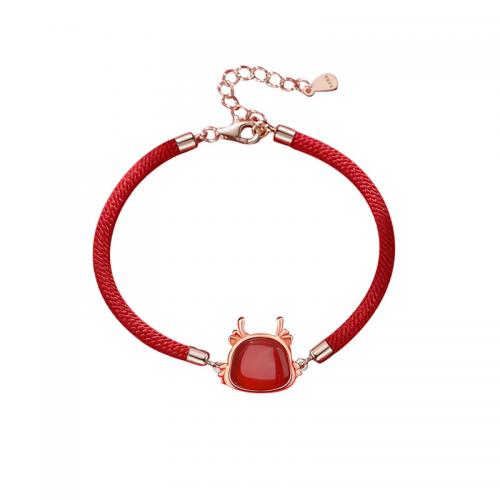 Bracelets Agate en rouge, argent sterling 925, avec corde de cire & agate rouge, avec 4CM chaînes de rallonge, Placage, pour femme, rouge Environ 16 cm, Vendu par PC