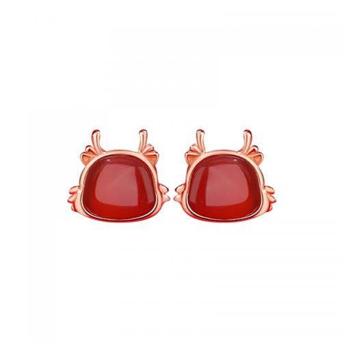 Agate Stud Earring, 925 Sterling Silver, with Red Agate, plated, for woman, rose gold color 